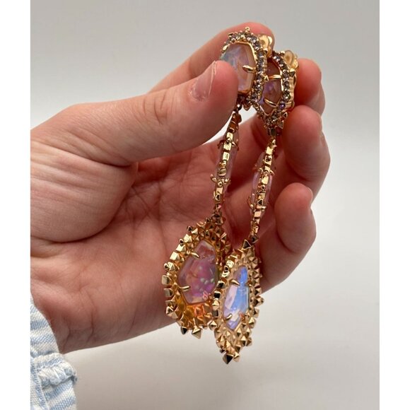 Kendra Scott Crystal Iridescent Gold Triple Drop Clip On Earrings - Picture 3 of 8